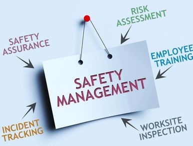 Safety management involves risk assessment, training, inspections, tracking, and assurance.