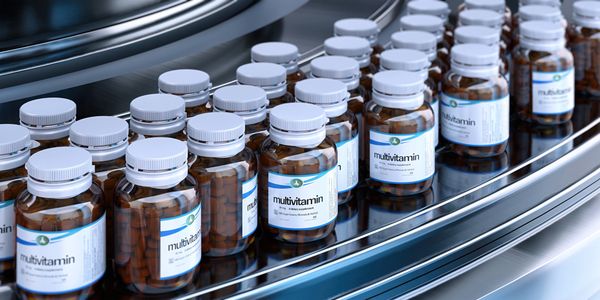 Rows of multivitamin bottles on a factory conveyor belt.