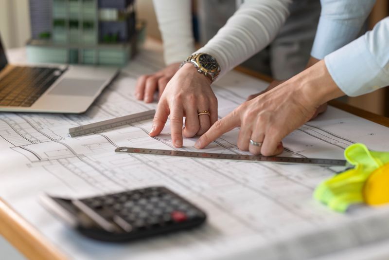 Two architects pointing at building blueprint during a meeting