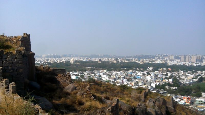View of Hyderabad city with colorful homes and apartment buildings from Golconda Fort in India