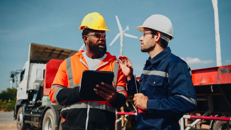 Team Inspection engineers with laptop work at the shipping port.