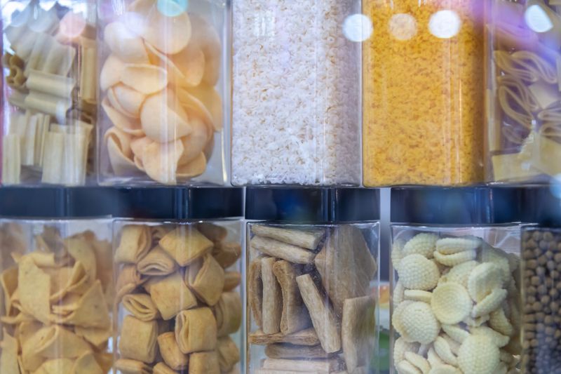 Various types of snacks are neatly organized in transparent containers at a local market. The colorful display includes chips, cereal, and dried treats, inviting shoppers to browse.