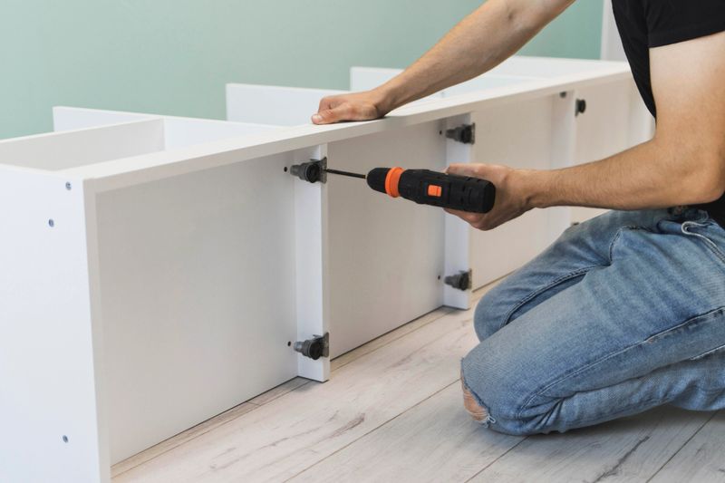 A young craftsman assembles furniture fittings. Screwing the confirmat close-up.
