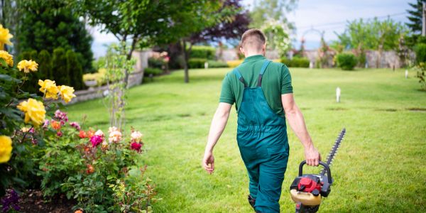 Man in green overalls walking with a hedge trimmer in a garden.