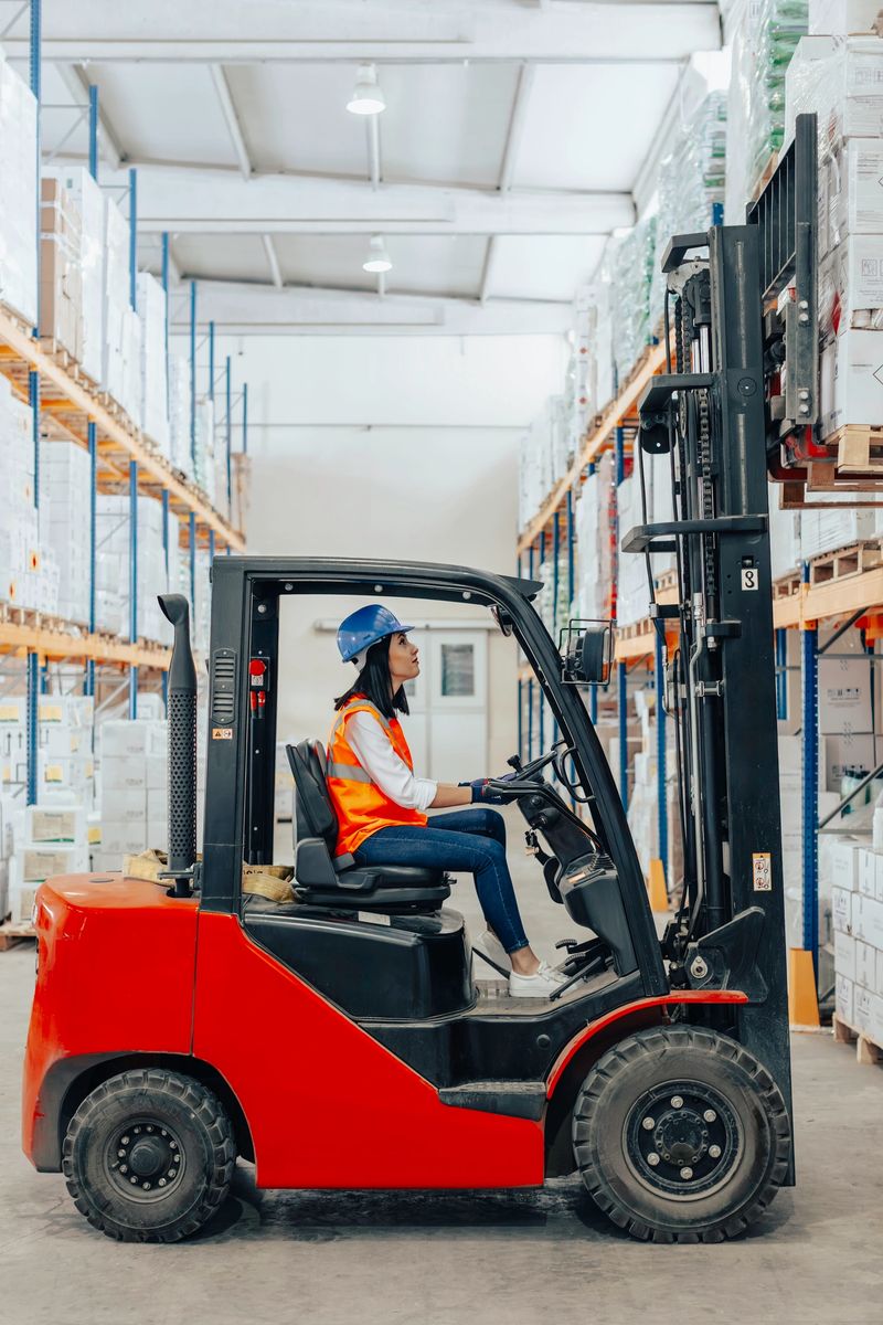 A young woman wearing a blue hard hat, orange safety vest, and gloves is seated in a red forklift, navigating through a clean and organized warehouse. She is focused on the controls while surrounded by high shelves filled with stacked boxes. The setting reflects modern logistics operations, workplace safety, and the active role of women in material handling and supply chain management.