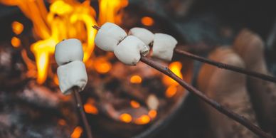 Marshmallows roasting over an open fire on sticks.
