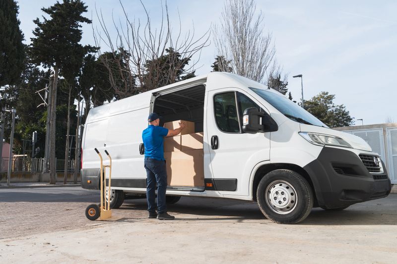 Courier in blue uniform loading cardboard boxes into a white delivery van parked on a street.