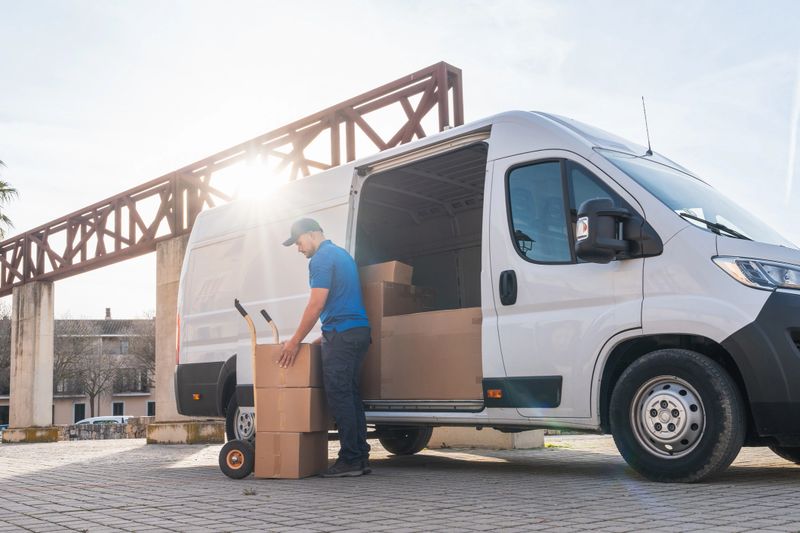 Delivery man in blue uniform loading cardboard boxes into a van during golden hour, with a hand truck nearby.