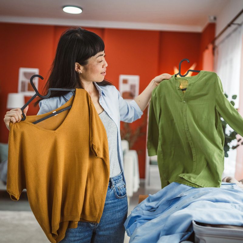 happy japanese woman hold two coat hangers with shirts ready to pack them in suitcase on the table
