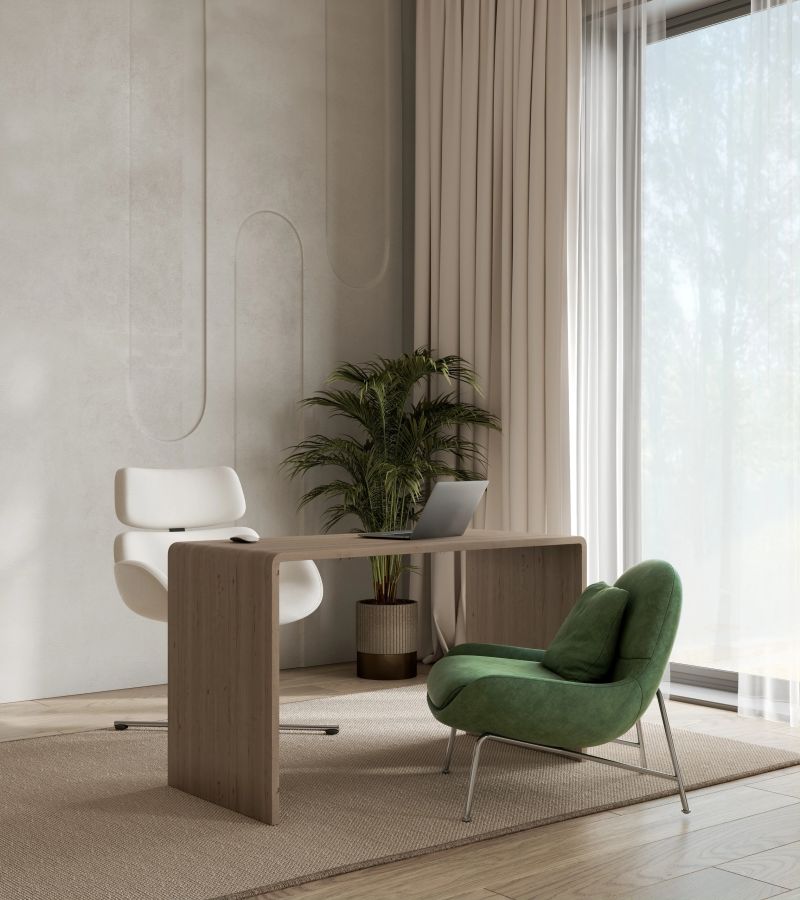 Modern minimalistic home office workplace with laptop and green chair, 3d rendering