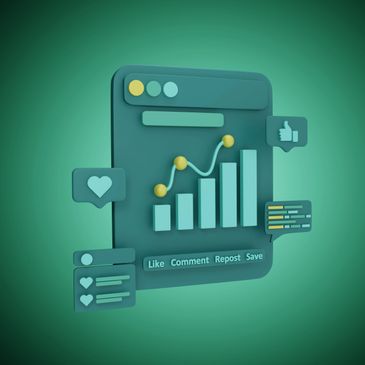 3D illustration of social media analytics with engagement icons and growth chart.