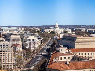 Aerial view of the U.S. Capitol and surrounding buildings in Washington, D.C.