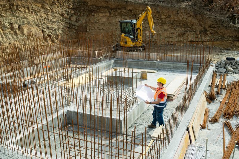 Mid adult architect holding blueprint at construction site.