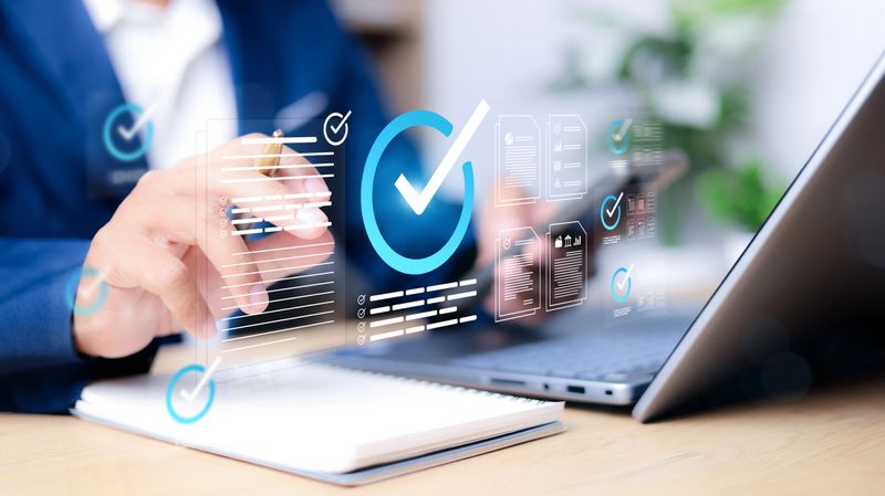 Businessman Take an assessment, Check list, questionnaire, evaluation, filling out an online survey form. Answer the test questions. online survey exam Choosing the right answer in the exam,