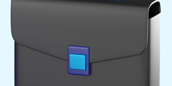 Close-up of a sleek black briefcase with a blue clasp.