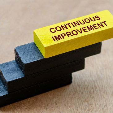 Yellow block labeled 'Continuous Improvement' on black steps, symbolizing progress.