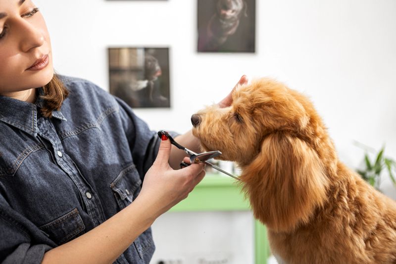 Cute poodle dog getting groomed and cleaned in the dog grooming salon