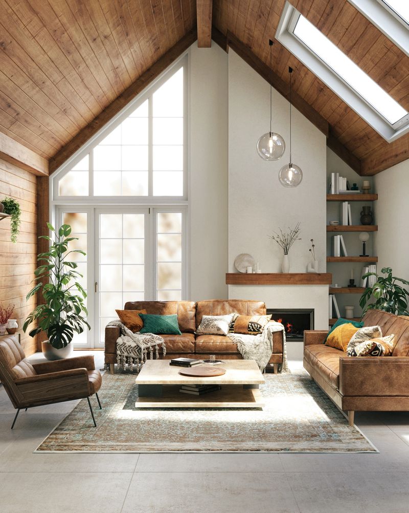 Warm rustic living room with high ceilings, leather seating, and natural light