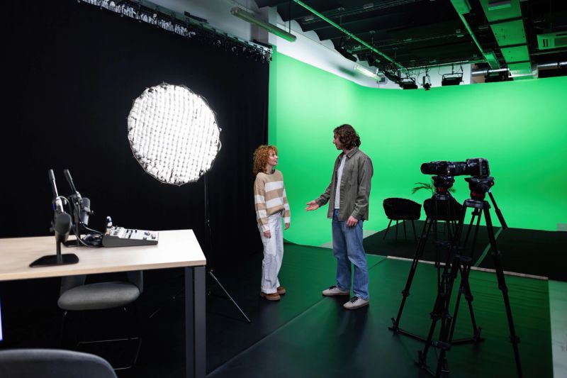 Two content creators talking and recording a podcast in a professional studio with a green screen, microphones and cameras