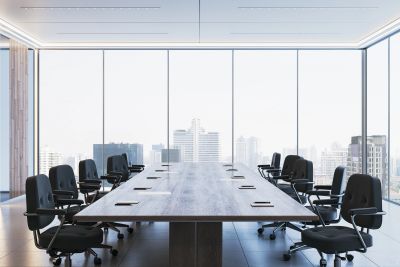 Modern conference room with city view.
