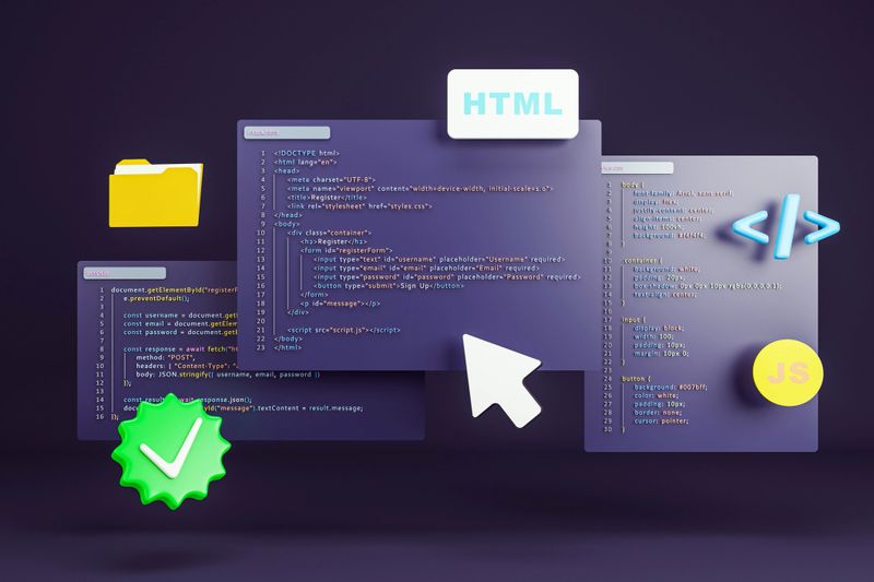 Colorful 3D rendering of HTML, CSS, and JavaScript code blocks with web symbols and UI elements floating on a dark background, web development concept