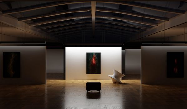 Dimly lit modern art gallery with abstract paintings and unique sculptures.