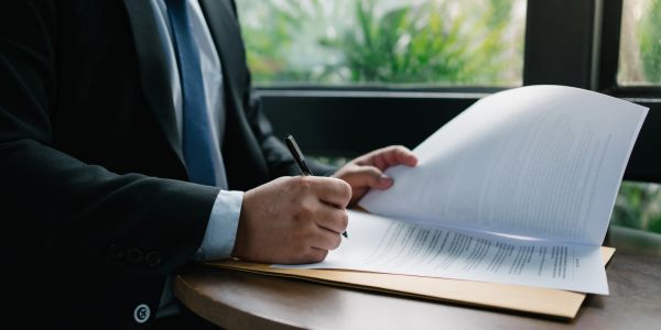 Person signing a document at a table.