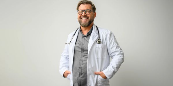 Smiling doctor with glasses and stethoscope.