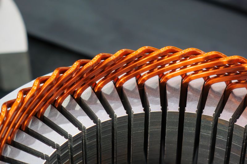 Close up scene the bar wound stator parts  for electric car motor. The electric motor manufacturing process.