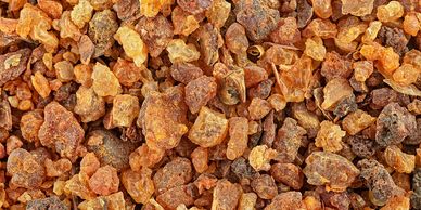 Close-up of amber resin pieces in various shades of orange and brown.