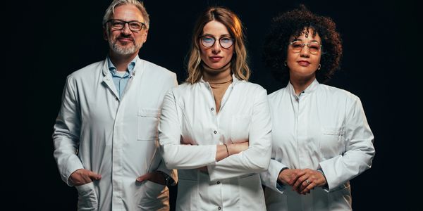 Three confident scientists in white lab coats posing against a dark background.