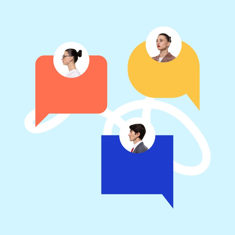 People interface in speech bubbles. Communication of customer, profiles of clients. shared feedback and testimonials. Concept of online engagement, brand perception, business, marketing. 2 models