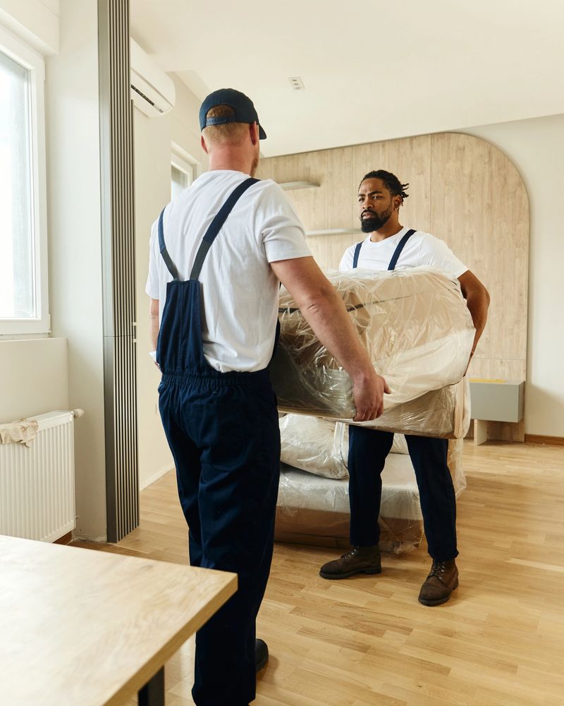 Male workers cooperating while carrying furniture in a new apartment. Copy space.