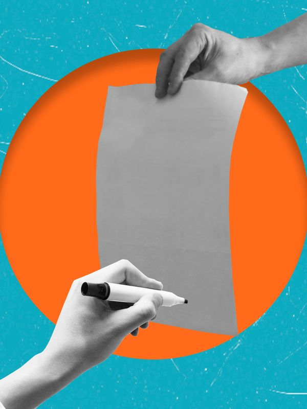 Two hands holding a blank paper and a marker against an orange circle and blue background.