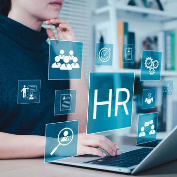 Digital HR platform interface showing icons for recruitment, onboarding, payroll, team management, a