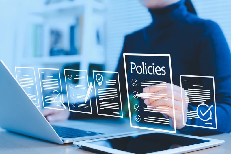 Policy documentation and compliance concept. Businesswoman reviews digital document Policies with icons, checklists, certifications, and financial detail. policy management, regulatory compliance,