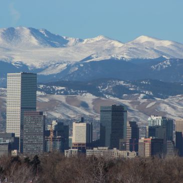 Ciudad con rascacielos y montaña nevada al fondo.