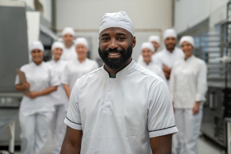Portrait of a happy African American baker leading a group of employees at an industrial bakery