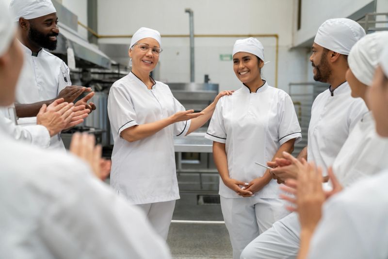 Latin American boss introducing a new employee at an industrial bakery while having a staff meeting