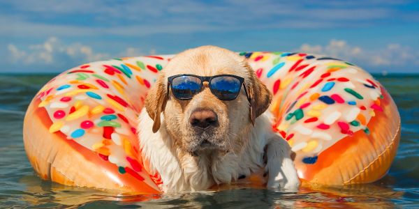 Dog wearing sunglasses in a donut float on water.