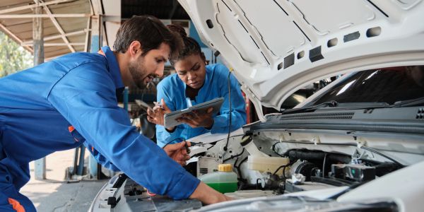Two mechanics inspecting a car engine.