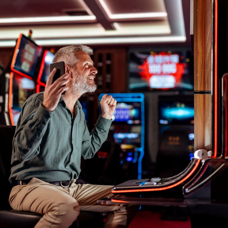 A cheerful older man celebrating his success while playing at a slot machine in a lively casino environment showcasing modern gaming technology and excitement.