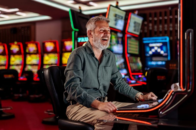 An excited man experiences the thrill of playing on a slot machine in a vibrant casino, surrounded by colorful lights. The environment radiates fun, entertainment, and happiness.