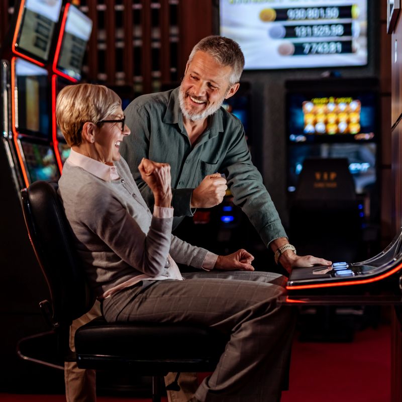 Two seniors emotionally rejoice after a win while playing slot machines at a casino, showing happiness, excitement, and a leisure-oriented moment of success.