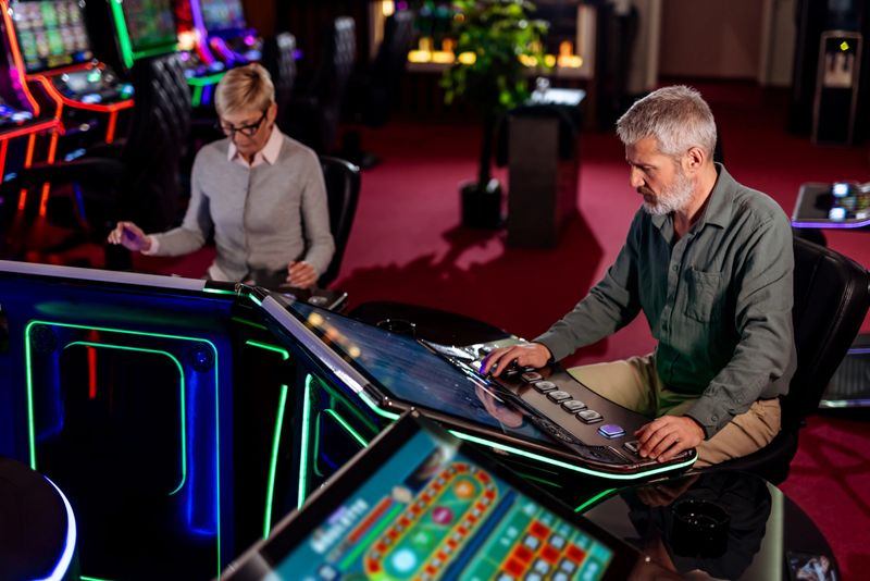 A man and woman enthusiastically play electronic casino games in a vibrant gaming lounge, surrounded by slot machines and vibrant neon lights. The ambiance conveys excitement and an enjoyable gambling environment.