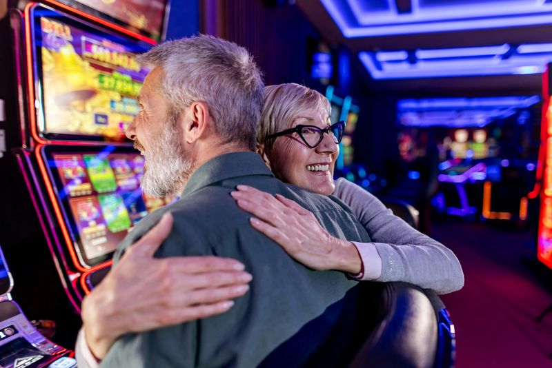 A joyful couple sharing a warm moment together while enjoying their time at a casino with slot machines and vibrant lighting.