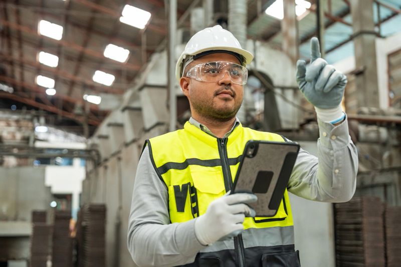 Confident engineer man with safety helmet standing analyzing with tablet in factory warehouse. Asian technician factory inspection and control machinery in industry factory.