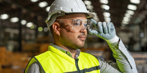 Construction worker in safety gear adjusting goggles.