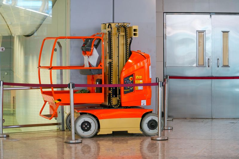 The vibrant orange lift is stationed near a large glass wall. It stands ready for upcoming maintenance activities, surrounded by a barrier to ensure safety in the bustling environment.