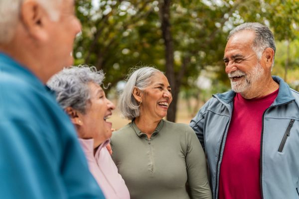 Group of happy elderly people socializing outdoors.